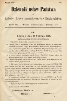 Dziennik Ustaw Państwa dla Królestw i Krajów Reprezentowanych w Radzie Państwa. 1870, z. 19