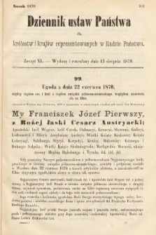 Dziennik Ustaw Państwa dla Królestw i Krajów Reprezentowanych w Radzie Państwa. 1870, z. 40