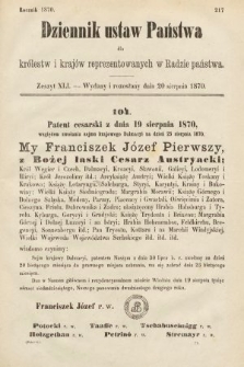 Dziennik Ustaw Państwa dla Królestw i Krajów Reprezentowanych w Radzie Państwa. 1870, z. 41