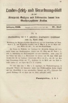 Landes-Gesetz- und Verordnungsblatt für das Königreich Galizien und Lodomerien sammt dem Großherzogthume Krakau. 1866, Stück 4