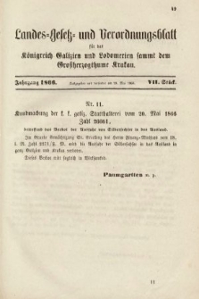Landes-Gesetz- und Verordnungsblatt für das Königreich Galizien und Lodomerien sammt dem Großherzogthume Krakau. 1866, Stück 7