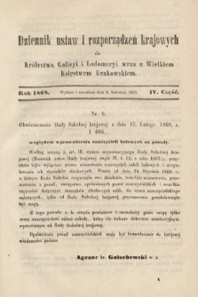 Dziennik Ustaw i Rozporządzeń Krajowych dla Królestwa Galicyi i Lodomeryi wraz z Wielkiem Księstwem Krakowskiem. 1868, cz. 4