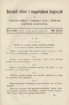 Dziennik Ustaw i Rozporządzeń Krajowych dla Królestwa Galicyi i Lodomeryi wraz z Wielkiem Księstwem Krakowskiem. 1868, cz. 12