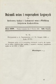 Dziennik Ustaw i Rozporządzeń Krajowych dla Królestwa Galicyi i Lodomeryi wraz z Wielkiem Księstwem Krakowskiem. 1869, cz. 12