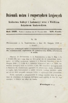 Dziennik Ustaw i Rozporządzeń Krajowych dla Królestwa Galicyi i Lodomeryi wraz z Wielkiem Księstwem Krakowskiem. 1869, cz. 14