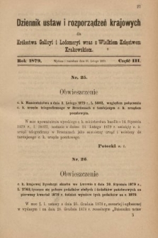 Dziennik Ustaw i Rozporządzeń Krajowych dla Królestwa Galicyi i Lodomeryi wraz z Wielkiem Księstwem Krakowskiem. 1879, cz. 3