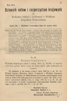 Dziennik Ustaw i Rozporządzeń Krajowych dla Królestwa Galicyi i Lodomeryi wraz z Wielkiem Księstwem Krakowskiem. 1911, cz. 3