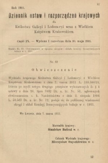 Dziennik Ustaw i Rozporządzeń Krajowych dla Królestwa Galicyi i Lodomeryi wraz z Wielkiem Księstwem Krakowskiem. 1911, cz. 9