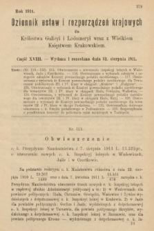 Dziennik Ustaw i Rozporządzeń Krajowych dla Królestwa Galicyi i Lodomeryi wraz z Wielkiem Księstwem Krakowskiem. 1911, cz. 18