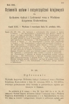 Dziennik Ustaw i Rozporządzeń Krajowych dla Królestwa Galicyi i Lodomeryi wraz z Wielkiem Księstwem Krakowskiem. 1911, cz. 21