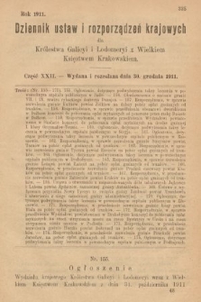 Dziennik Ustaw i Rozporządzeń Krajowych dla Królestwa Galicyi i Lodomeryi wraz z Wielkiem Księstwem Krakowskiem. 1911, cz. 22