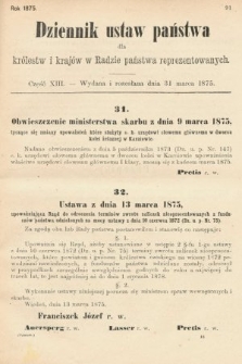 Dziennik Ustaw Państwa dla Królestw i Krajów w Radzie Państwa Reprezentowanych. 1875. zeszyt 13