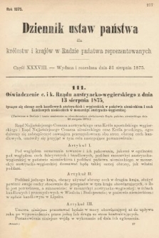 Dziennik Ustaw Państwa dla Królestw i Krajów w Radzie Państwa Reprezentowanych. 1875. zeszyt 38