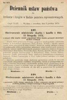 Dziennik Ustaw Państwa dla Królestw i Krajów w Radzie Państwa Reprezentowanych. 1874, cz. 49