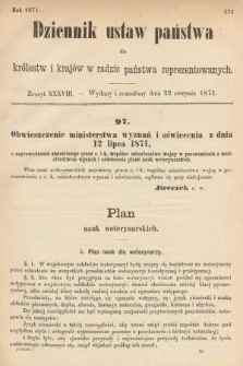 Dziennik Ustaw Państwa dla Królestw i Krajów w Radzie Państwa Reprezentowanych. 1871, z. 38
