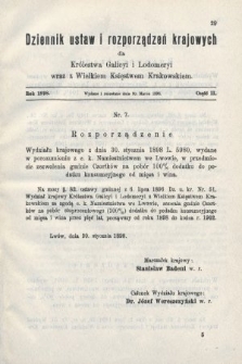 Dziennik Ustaw i Rozporządzeń Krajowych dla Królestwa Galicyi i Lodomeryi wraz z Wielkiem Księstwem Krakowskiem. 1898, cz. 2