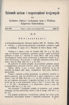 Dziennik Ustaw i Rozporządzeń Krajowych dla Królestwa Galicyi i Lodomeryi wraz z Wielkiem Księstwem Krakowskiem. 1889, cz. 4