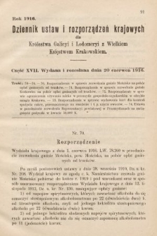 Dziennik Ustaw i Rozporządzeń Krajowych dla Królestwa Galicyi i Lodomeryi wraz z Wielkiem Księstwem Krakowskiem. 1916, cz. 17