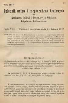 Dziennik Ustaw i Rozporządzeń Krajowych dla Królestwa Galicyi i Lodomeryi wraz z Wielkiem Księstwem Krakowskiem. 1917, cz. 8