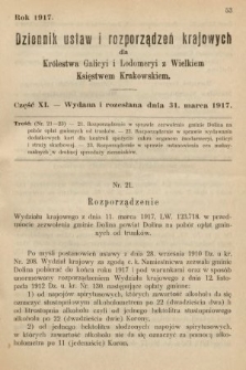 Dziennik Ustaw i Rozporządzeń Krajowych dla Królestwa Galicyi i Lodomeryi wraz z Wielkiem Księstwem Krakowskiem. 1917, cz. 11