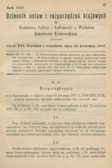 Dziennik Ustaw i Rozporządzeń Krajowych dla Królestwa Galicyi i Lodomeryi wraz z Wielkiem Księstwem Krakowskiem. 1917, cz. 16