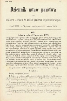 Dziennik Ustaw Państwa dla Królestw i Krajów w Radzie Państwa Reprezentowanych. 1878, cz. 23
