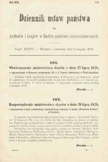 Dziennik Ustaw Państwa dla Królestw i Krajów w Radzie Państwa Reprezentowanych. 1878, cz. 36