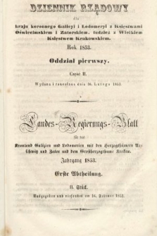 Dziennik Rządowy dla Kraju Koronnego Galicyi i Lodomeryi [...] = Landes-Regierungs-Blatt für das Kronland Galizien und Lodomerien [...]. 1853, oddział 1, cz. 2