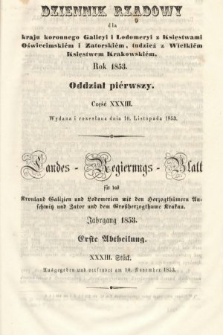 Dziennik Rządowy dla Kraju Koronnego Galicyi i Lodomeryi [...] = Landes-Regierungs-Blatt für das Kronland Galizien und Lodomerien [...]. 1853, oddział 1, cz. 33