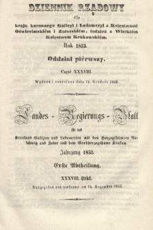 Dziennik Rządowy dla Kraju Koronnego Galicyi i Lodomeryi [...] = Landes-Regierungs-Blatt für das Kronland Galizien und Lodomerien [...]. 1853, oddział 1, cz. 38