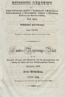 Dziennik Rządowy dla Kraju Koronnego Galicyi i Lodomeryi [...] = Landes-Regierungs-Blatt für das Kronland Galizien und Lodomerien [...]. 1853, oddział 1, cz. 39