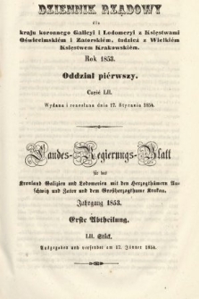 Dziennik Rządowy dla Kraju Koronnego Galicyi i Lodomeryi [...] = Landes-Regierungs-Blatt für das Kronland Galizien und Lodomerien [...]. 1853, oddział 1, cz. 52