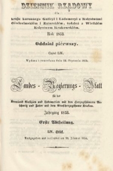Dziennik Rządowy dla Kraju Koronnego Galicyi i Lodomeryi [...] = Landes-Regierungs-Blatt für das Kronland Galizien und Lodomerien [...]. 1853, oddział 1, cz. 54