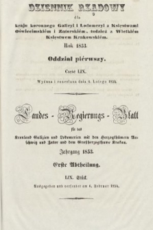 Dziennik Rządowy dla Kraju Koronnego Galicyi i Lodomeryi [...] = Landes-Regierungs-Blatt für das Kronland Galizien und Lodomerien [...]. 1853, oddział 1, cz. 59