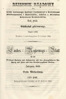 Dziennik Rządowy dla Kraju Koronnego Galicyi i Lodomeryi [...] = Landes-Regierungs-Blatt für das Kronland Galizien und Lodomerien [...]. 1853, oddział 1, cz. 62
