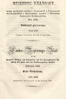 Dziennik Rządowy dla Kraju Koronnego Galicyi i Lodomeryi [...] = Landes-Regierungs-Blatt für das Kronland Galizien und Lodomerien [...]. 1853, oddział 1, cz. 65