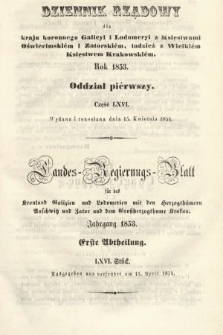 Dziennik Rządowy dla Kraju Koronnego Galicyi i Lodomeryi [...] = Landes-Regierungs-Blatt für das Kronland Galizien und Lodomerien [...]. 1853, oddział 1, cz. 66