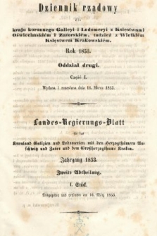 Dziennik Rządowy dla Kraju Koronnego Galicyi i Lodomeryi [...] = Landes-Regierungs-Blatt für das Kronland Galizien und Lodomerien [...]. 1853, oddział 2, cz. 1