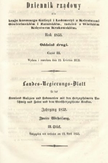 Dziennik Rządowy dla Kraju Koronnego Galicyi i Lodomeryi [...] = Landes-Regierungs-Blatt für das Kronland Galizien und Lodomerien [...]. 1853, oddział 2, cz. 3