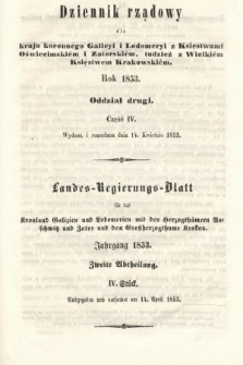 Dziennik Rządowy dla Kraju Koronnego Galicyi i Lodomeryi [...] = Landes-Regierungs-Blatt für das Kronland Galizien und Lodomerien [...]. 1853, oddział 2, cz. 4