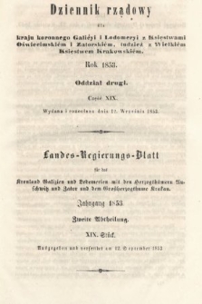 Dziennik Rządowy dla Kraju Koronnego Galicyi i Lodomeryi [...] = Landes-Regierungs-Blatt für das Kronland Galizien und Lodomerien [...]. 1853, oddział 2, cz. 19