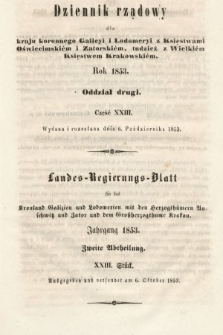 Dziennik Rządowy dla Kraju Koronnego Galicyi i Lodomeryi [...] = Landes-Regierungs-Blatt für das Kronland Galizien und Lodomerien [...]. 1853, oddział 2, cz. 23