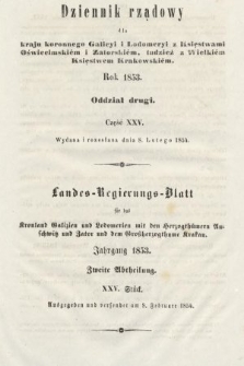 Dziennik Rządowy dla Kraju Koronnego Galicyi i Lodomeryi [...] = Landes-Regierungs-Blatt für das Kronland Galizien und Lodomerien [...]. 1853, oddział 2, cz. 25