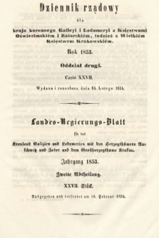 Dziennik Rządowy dla Kraju Koronnego Galicyi i Lodomeryi [...] = Landes-Regierungs-Blatt für das Kronland Galizien und Lodomerien [...]. 1853, oddział 2, cz. 27