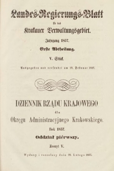 Dziennik Rządu Krajowego dla Okręgu Administracyjnego Krakowskiego. 1857, oddział 1, z. 5