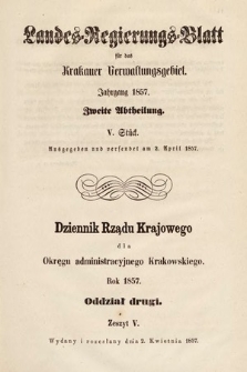 Dziennik Rządu Krajowego dla Okręgu Administracyjnego Krakowskiego. 1857, oddział 2, z. 5