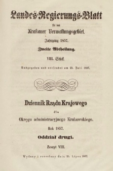 Dziennik Rządu Krajowego dla Okręgu Administracyjnego Krakowskiego. 1857, oddział 2, z. 8