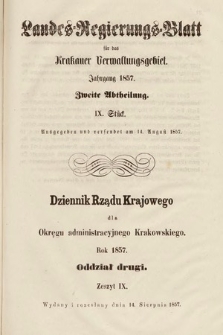Dziennik Rządu Krajowego dla Okręgu Administracyjnego Krakowskiego. 1857, oddział 2, z. 9