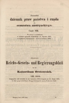 Allgemeines Reichs-Gesetz-und Regierungsblatt für das Kaiserthum Osterreich = Powszechny Dziennik Praw Państwa i Rządu dla Cesarstwa Austryackiego. 1852, oddział 1, cz. 8