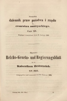 Allgemeines Reichs-Gesetz-und Regierungsblatt für das Kaiserthum Osterreich = Powszechny Dziennik Praw Państwa i Rządu dla Cesarstwa Austryackiego. 1852, oddział 1, cz. 14